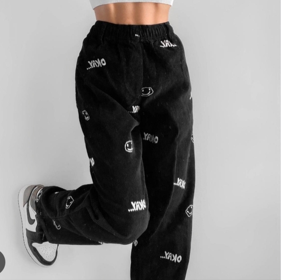 UO Smiley Faces Embroidered Corduroy Black Pants Unisex Size Small NWOT - Picture 1 of 12